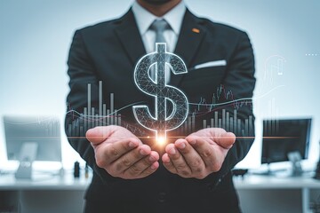 Businessman holding a glowing digital dollar symbol with financial charts and data overlay in a modern office environment