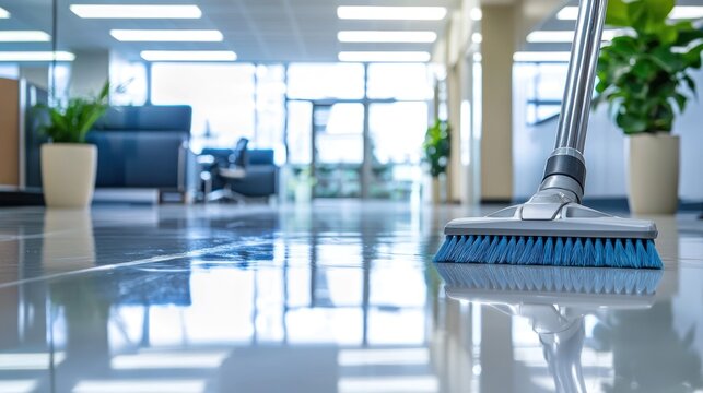 A broom sweeping a clean, shiny floor in a modern office lobby. - Powered by Adobe