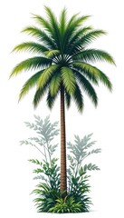Fototapeta premium A vibrant palm tree with lush green fronds and a textured trunk against a white background illustration