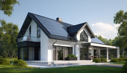 Obraz premium Modern house with solar panels sits nestled among lush green trees under a clear blue sky, showcasing sustainable living and architectural beauty in a serene setting.