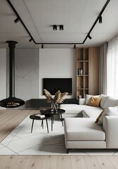 Modern living room with a sleek fireplace comfortable sectional sofa and stylish pendant light