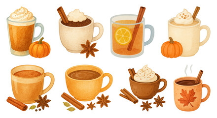 PNG Cozy autumn drinks illustration, element set on transparent background