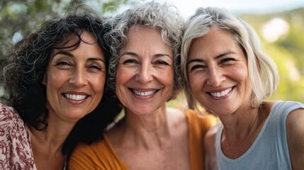 Three women smiling outdoors.