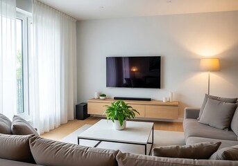 Modern living room with comfortable sectional sofa large television and natural light from a large window
