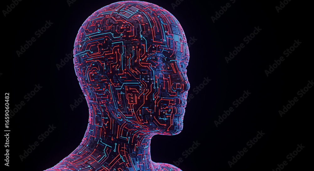 Aufkleber cybernetic essence: this captivating image depicts a humanoid head, its surface intricately adorned 