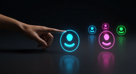Digital Connections: A finger delicately touches an illuminated profile icon, sparking a network of connections, suggesting technological advancement, digital relationships.