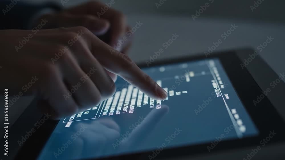 Poster finger taps touchscreen tablet displaying data and code in dark room