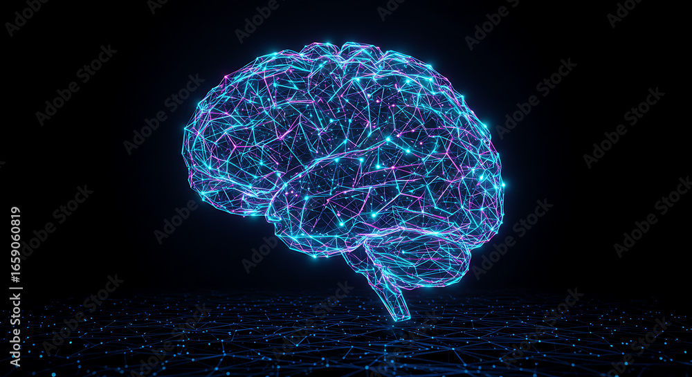 Aufkleber brain network visualization: the human brain, rendered in a vibrant digital display of interconnecte
