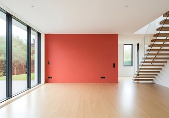 Obraz premium Modern interior with a striking coral accent wall and a sleek wooden staircase
