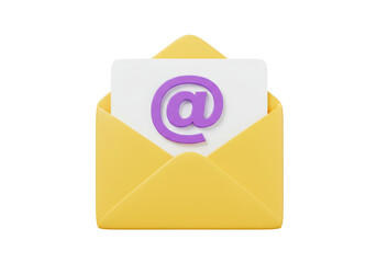 Yellow open envelope with a letter and purple at symbol inside, isolated on transparent background