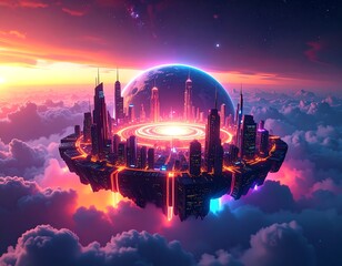 Futuristic Floating City Illuminated by Neon Lights Amidst Dreamy Clouds and Sunset Sky.