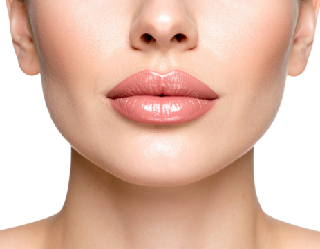 Close-Up of Glossy Lips with Nude Lipstick, Isolated on Transparent Background PNG