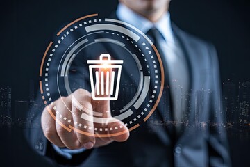 Businessman s finger touching a glowing digital trash can icon on a futuristic interface with city lights in the background