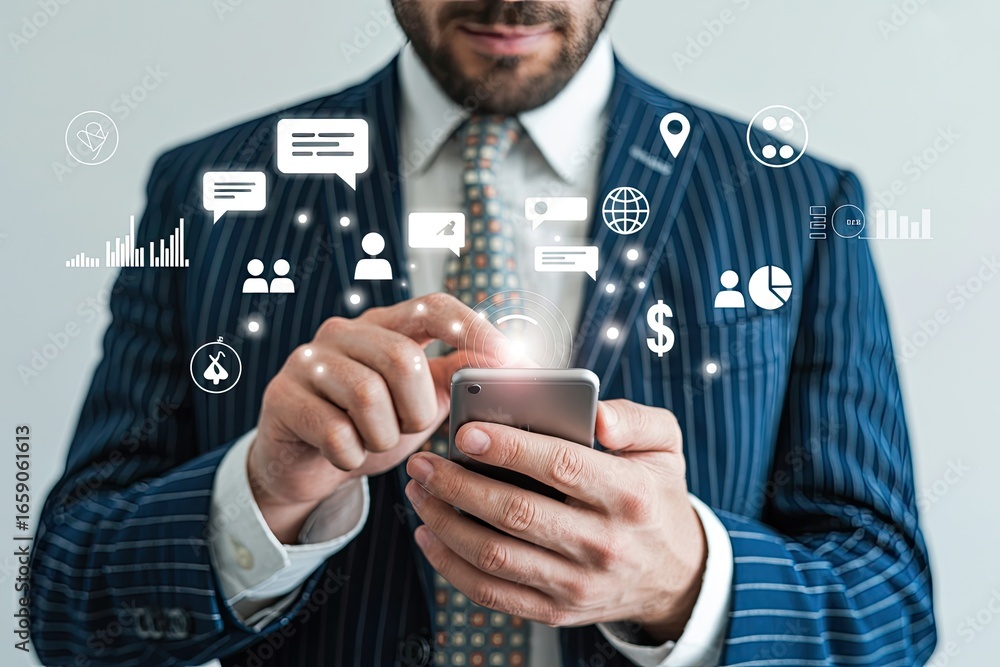 Fototapete businessman using a smartphone with digital icons and data visualizations floating around him repres