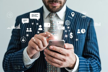 Businessman using a smartphone with digital icons and data visualizations floating around him representing technology and connectivity