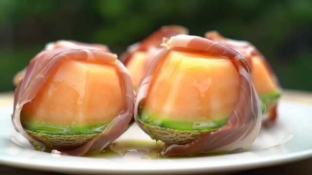 Cantaloupe slices topped with prosciutto and drizzled with oil