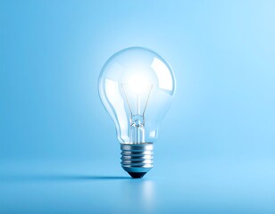 Glowing Incandescent Light Bulb on a Soft Blue Background, Symbolizing Ideas and Innovation.
