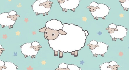 Adorable Cartoon Sheep Flock in a Sweet Kawaii Pattern on a Pastel Blue Meadow