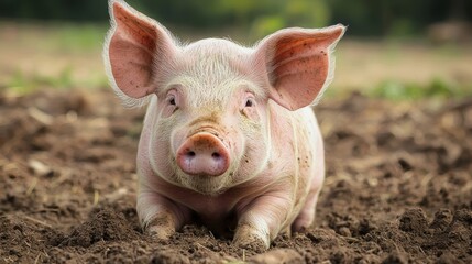 A pig lying in a muddy field with its head raised and ears flapping.
