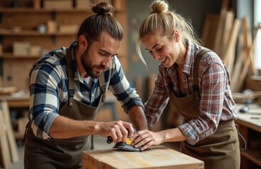 Male, female carpenters collaborate sanding wood box in workshop. Expertise in furniture making, small business operations. Teamwork, skill shown in crafting process. They wear aprons, plaid shirts.