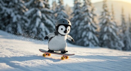 Adventurous Penguin Chick with Helmet Skateboards on a Sun-kissed Snowy Hill