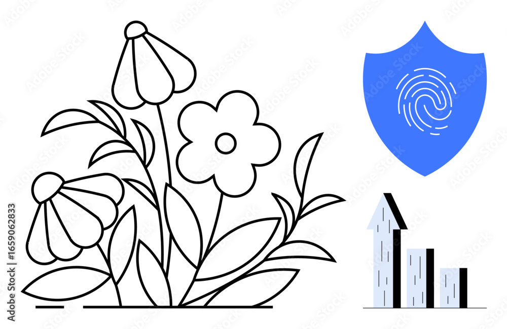 Aufkleber flowers symbolize growth, next to a shield with a fingerprint representing security and a bar chart 