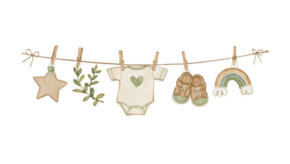 Watercolor illustration of baby clothes, star, rainbow and leaves hanging on a clothesline with clothespins.
