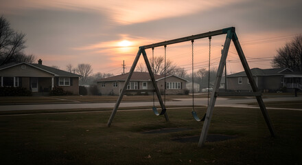 Fototapeta premium Empty Swing Set at Sunset in a Hazy Neighborhood