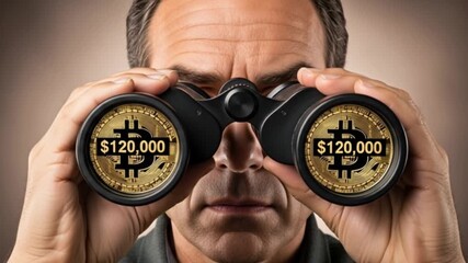 Man Looking Through Binoculars with Bitcoin Logos and $120,000 Price Targets on Lenses, Symbolizing Financial Forecasting and Investment Opportunities in Digital Currency