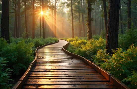 Wooden boardwalk winds through forest with sunbeams filtering through trees. Green plants lines path, creating serene natural passage. Innovative wildlife corridor offers safe habitat, peaceful
