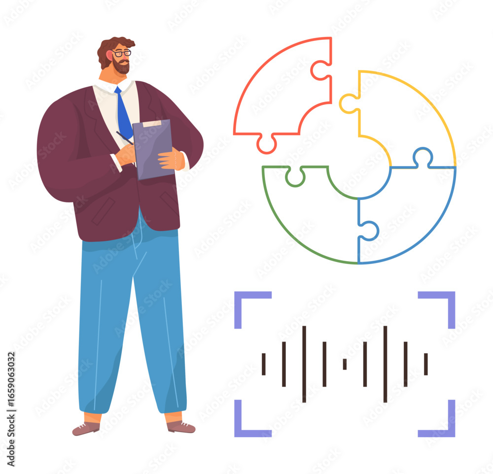 Aufkleber man holding clipboard next to colorful puzzle and sound wave graphic. ideal for teamwork, problem so