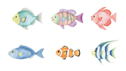 Naklejka premium Six watercolor painted fish illustrations, showcasing diverse species with vibrant colors and unique patterns.