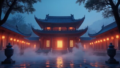 Obraz premium Mystical ancient Chinese temple complex at dusk. Pagoda architecture illuminated by glowing orange lanterns, warm interior light. Ethereal smoke drifts across stone courtyard creating serene,