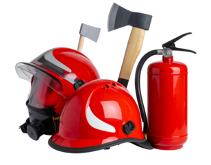 Set of Firefighting Equipment with Helmet, Axe, and Fire Extinguisher, Isolated on Transparent Background PNG