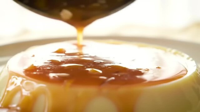 Caramel pouring over a creamy dessert
