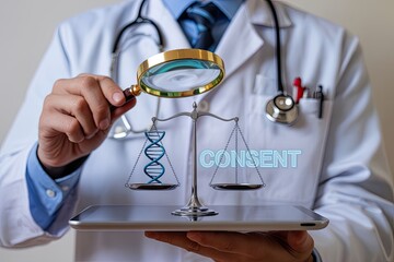 Doctor examining dna helix and scales of justice with consent text symbolizing medical ethics and legal considerations in healthcare