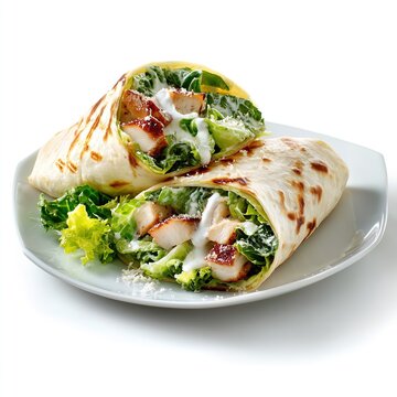 Delicious chicken caesar wrap with fresh lettuce and creamy dressing on plate