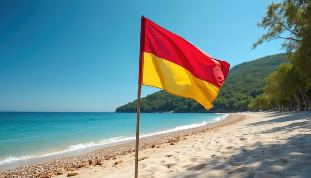 Lifeguard flag with red and yellow sections flutters on sandy beach next to turquoise ocean waves. Rich green trees line shore under clear blue sky. This scene suggests safety and summer vacation.