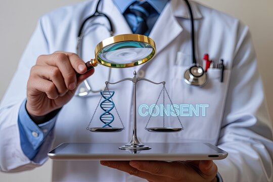 Doctor examining dna helix and scales of justice with consent text symbolizing medical ethics and legal considerations in healthcare