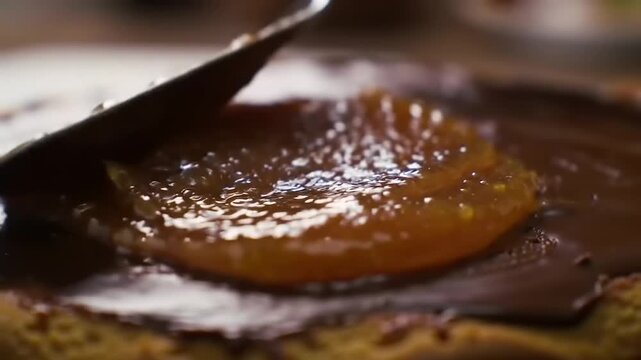 Caramel sauce being poured onto a layered cake