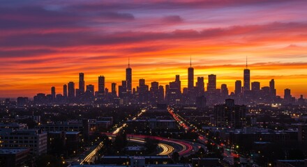 Fototapeta premium Chicago's Fiery Sunset: A Vibrant Skyline Silhouette Above Flowing Ribbons of Light