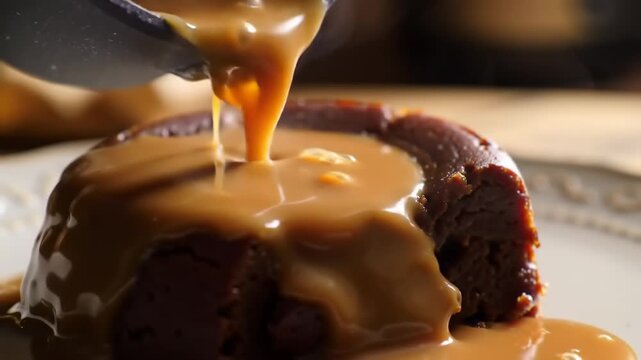 Caramel sauce poured over a chocolate cake