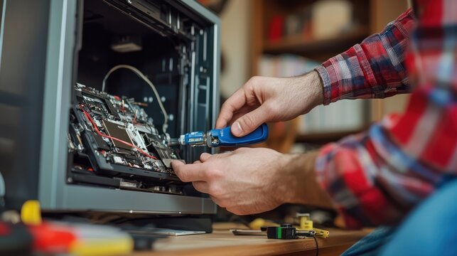 A man in a red and white checkered shirt is working on a computer in a cluttered workspace.