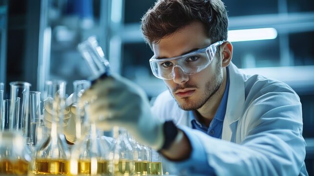 A young scientist in a lab coat and protective glasses, working with test tubes and beakers in a laboratory setting.