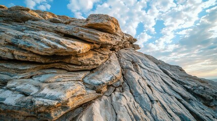 Fototapeta premium A rocky mountain peak with layers of rock and clouds in the sky.