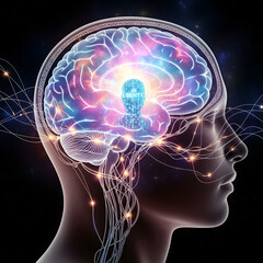 A detailed illustration of a human head with a visible brain, showcasing neural connections and an inner digital display of the phrase "I SENT."