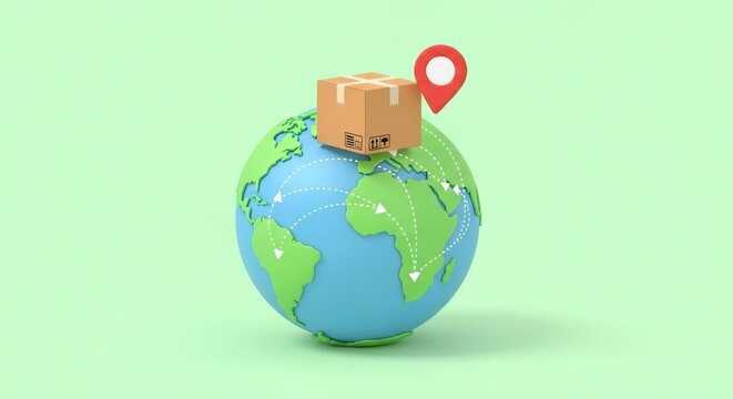 Conceptual image of a global distribution network with a package and location pin on a stylized