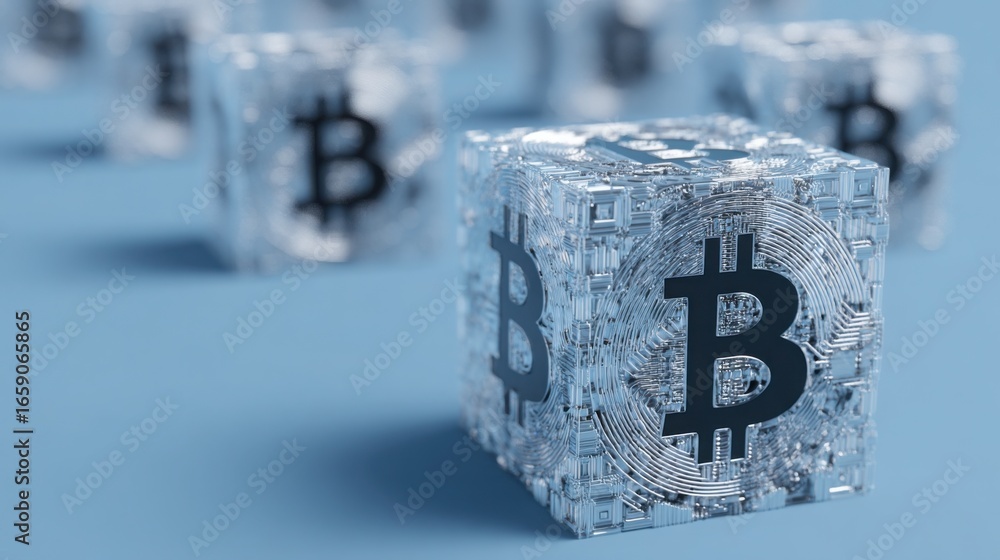 Poster a detailed representation of a bitcoin block highlighting its significance in cryptocurrency transac