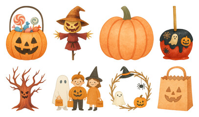 PNG Charming Halloween-themed illustrations, element set on transparent background
