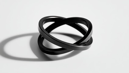 Intertwined black rings casting a shadow on a white background